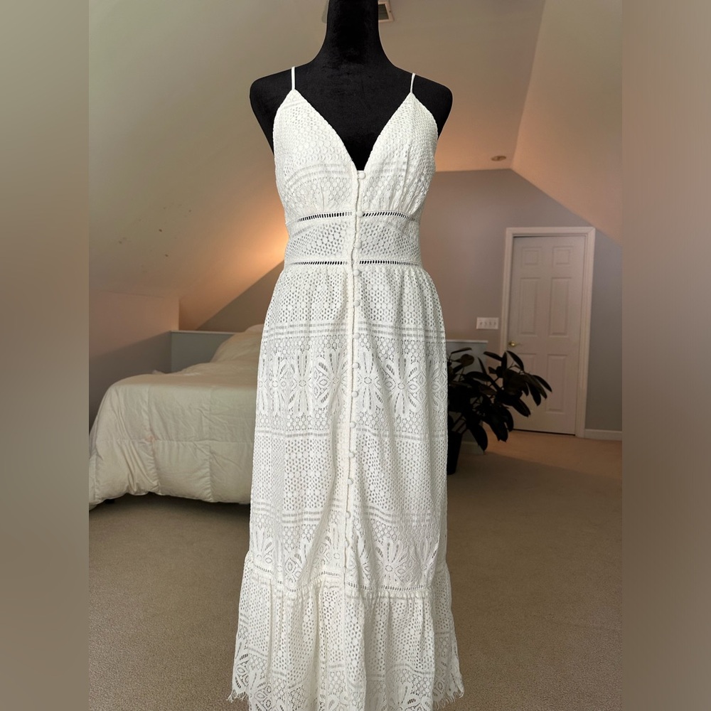 Dee Elly White Lace Button Detail Midi Dress Adjustable Straps